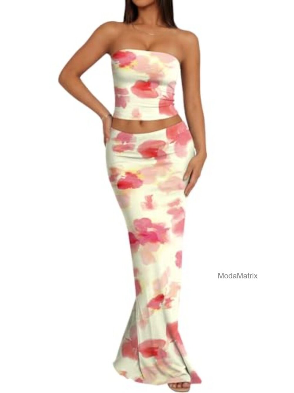 2 Piece Skirt Set Tube Top Maxi Skirt High Waist Bodycon Summer Outfit